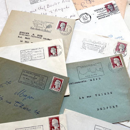 A batch of 20 vintage 1960s French envelopes featuring assorted postmarks, handwritten addresses, and Republic Française stam