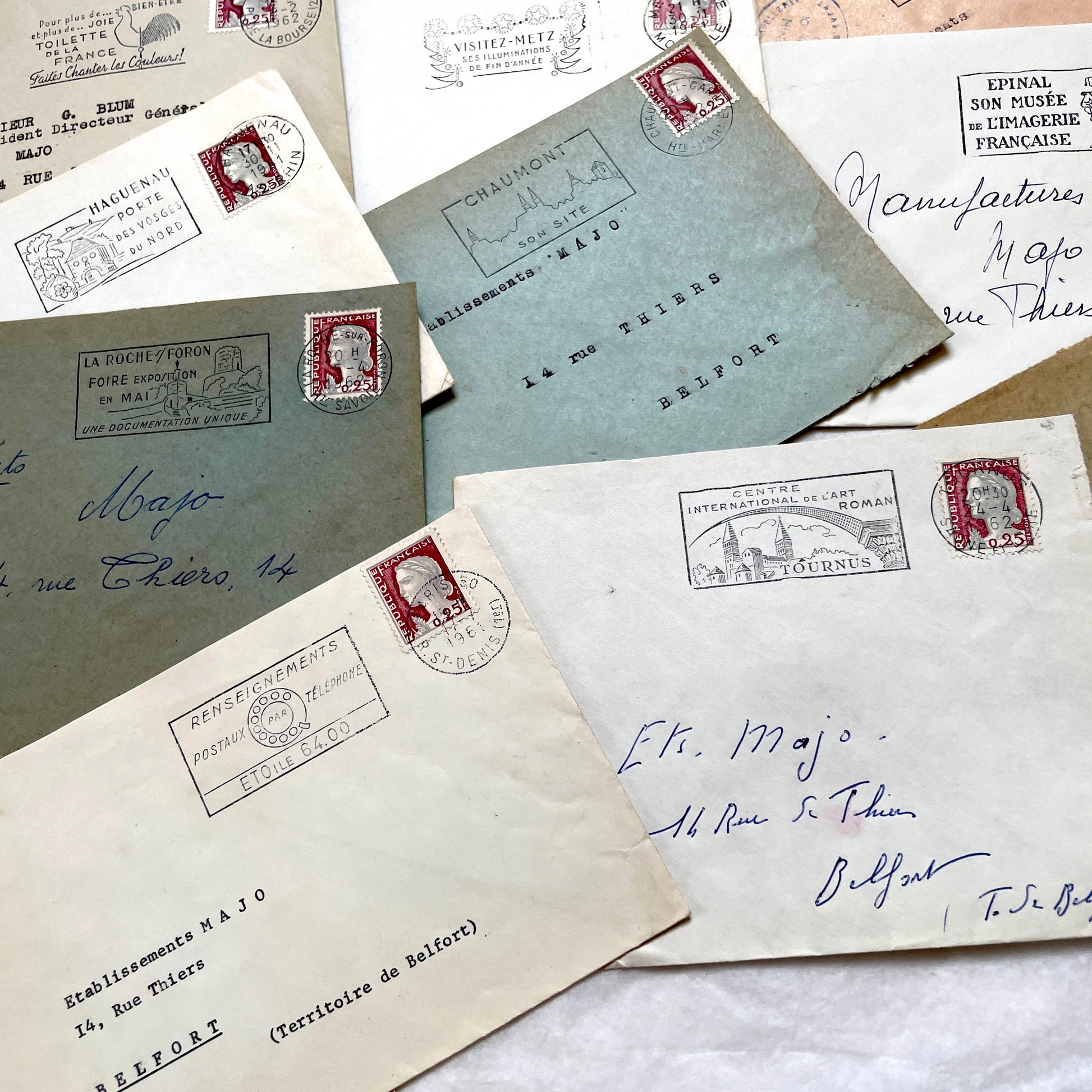 A batch of 20 vintage 1960s French envelopes featuring assorted postmarks, handwritten addresses, and Republic Française stam