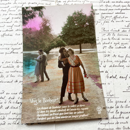 1920s - Vers Le Bonheur - Hand Colored Romantic French Postcard - Park Couple Kissing - Belle Époque Love Scene