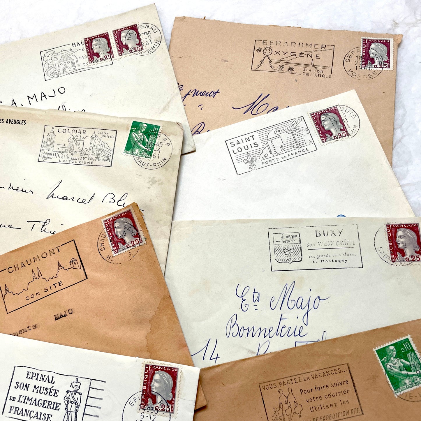 A batch of 20 vintage 1960s French envelopes featuring assorted postmarks, handwritten addresses, and Republic Française stam