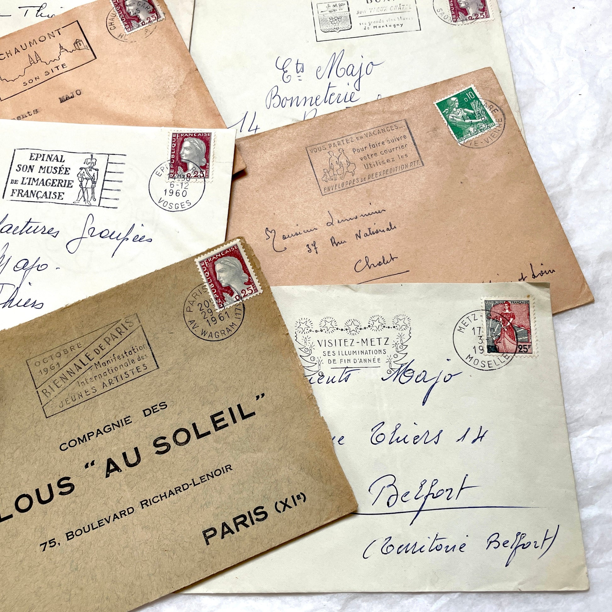 A batch of 20 vintage 1960s French envelopes featuring assorted postmarks, handwritten addresses, and Republic Française stam