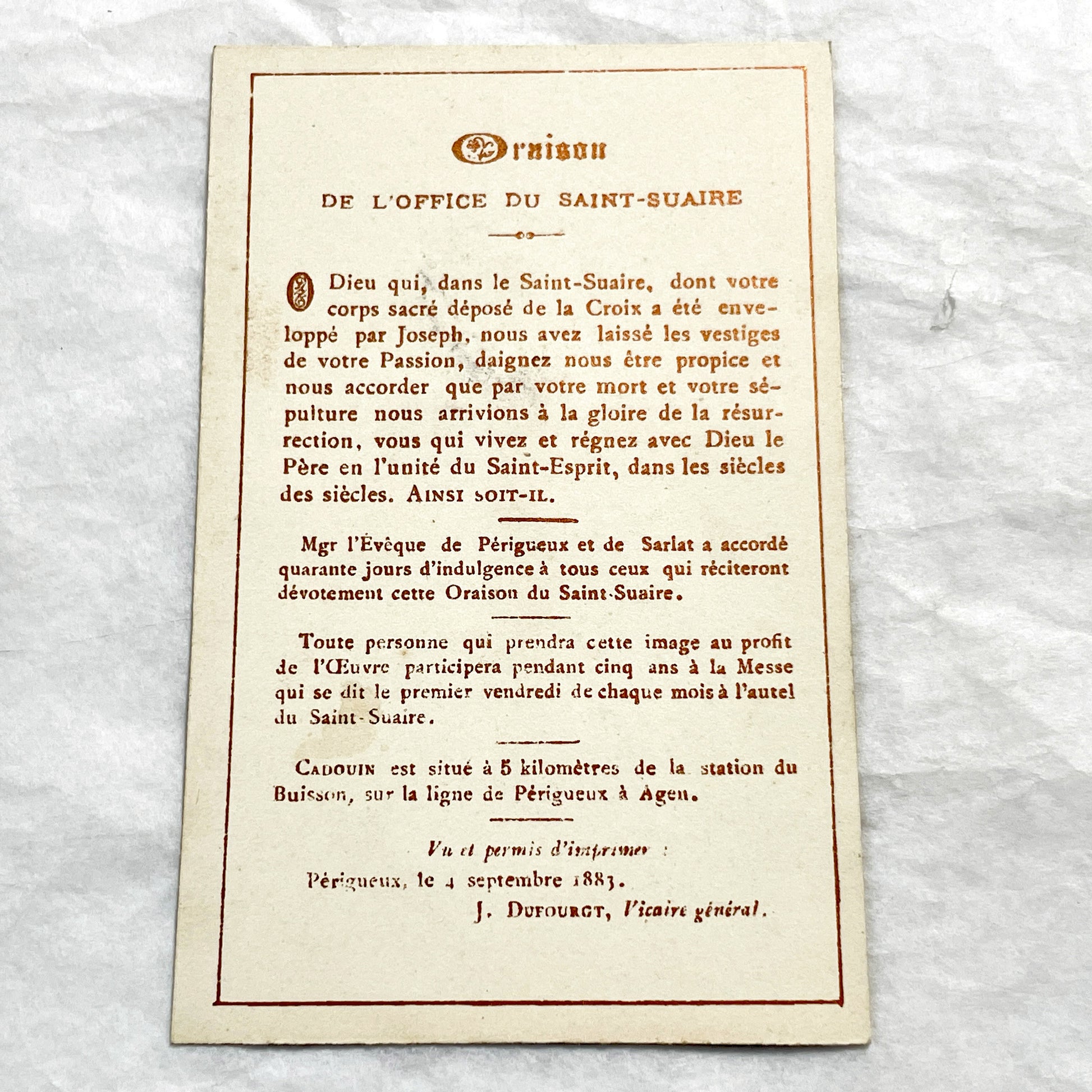 Late 19th - Religious Pilgrimage Souvenir Card - Holy Shroud of Cadouin Relic Card - Antique Catholic Memorabilia - France