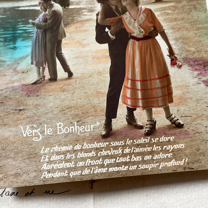 1920s - Vers Le Bonheur - Hand Colored Romantic French Postcard - Park Couple Kissing - Belle Époque Love Scene