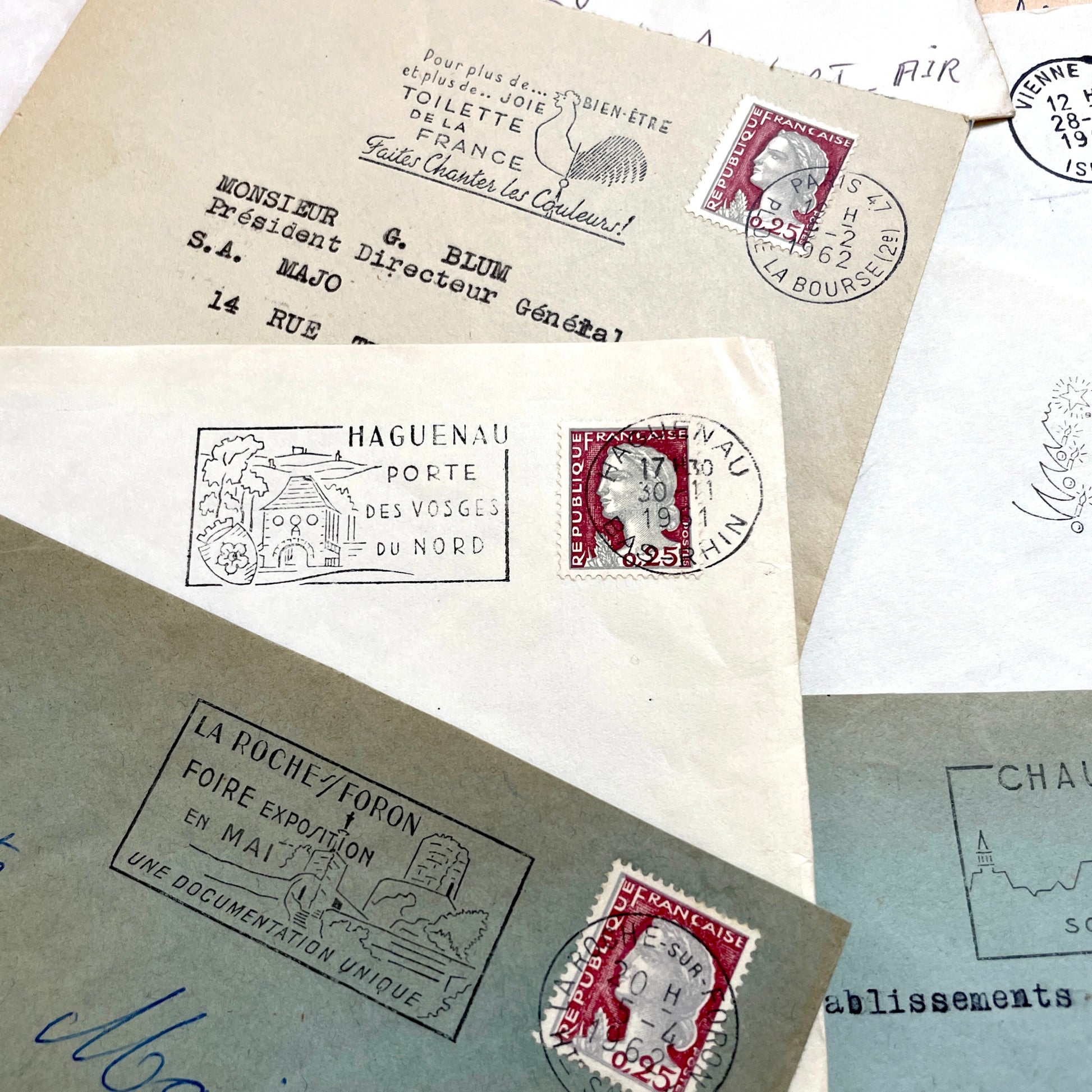 A batch of 20 vintage 1960s French envelopes featuring assorted postmarks, handwritten addresses, and Republic Française stam