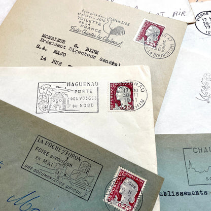 A batch of 20 vintage 1960s French envelopes featuring assorted postmarks, handwritten addresses, and Republic Française stam