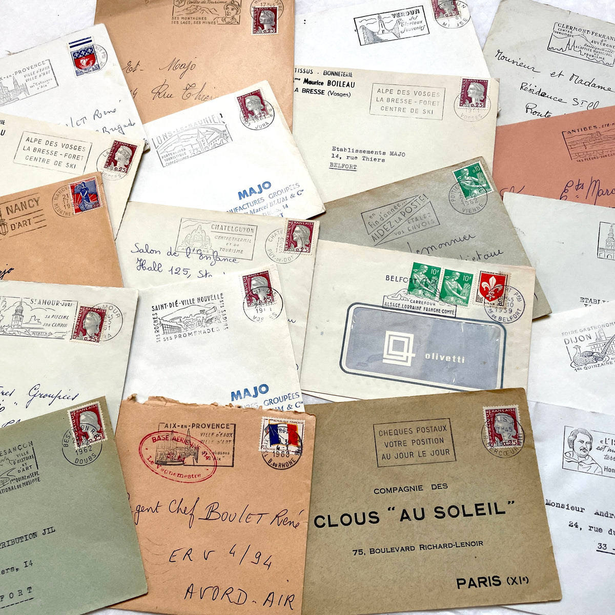 Vintage 1960s French envelopes lot featuring various stamps, postmarks, and handwritten addresses from across France.
