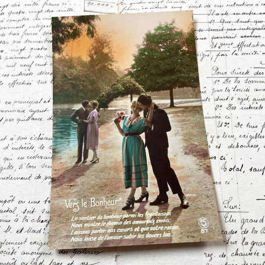 1920s - Romantic Postcard - Vintage Hand-Colored Lovers Scene - Belle Époque Era Couple - Lakeside Embrace - Sentimental Art