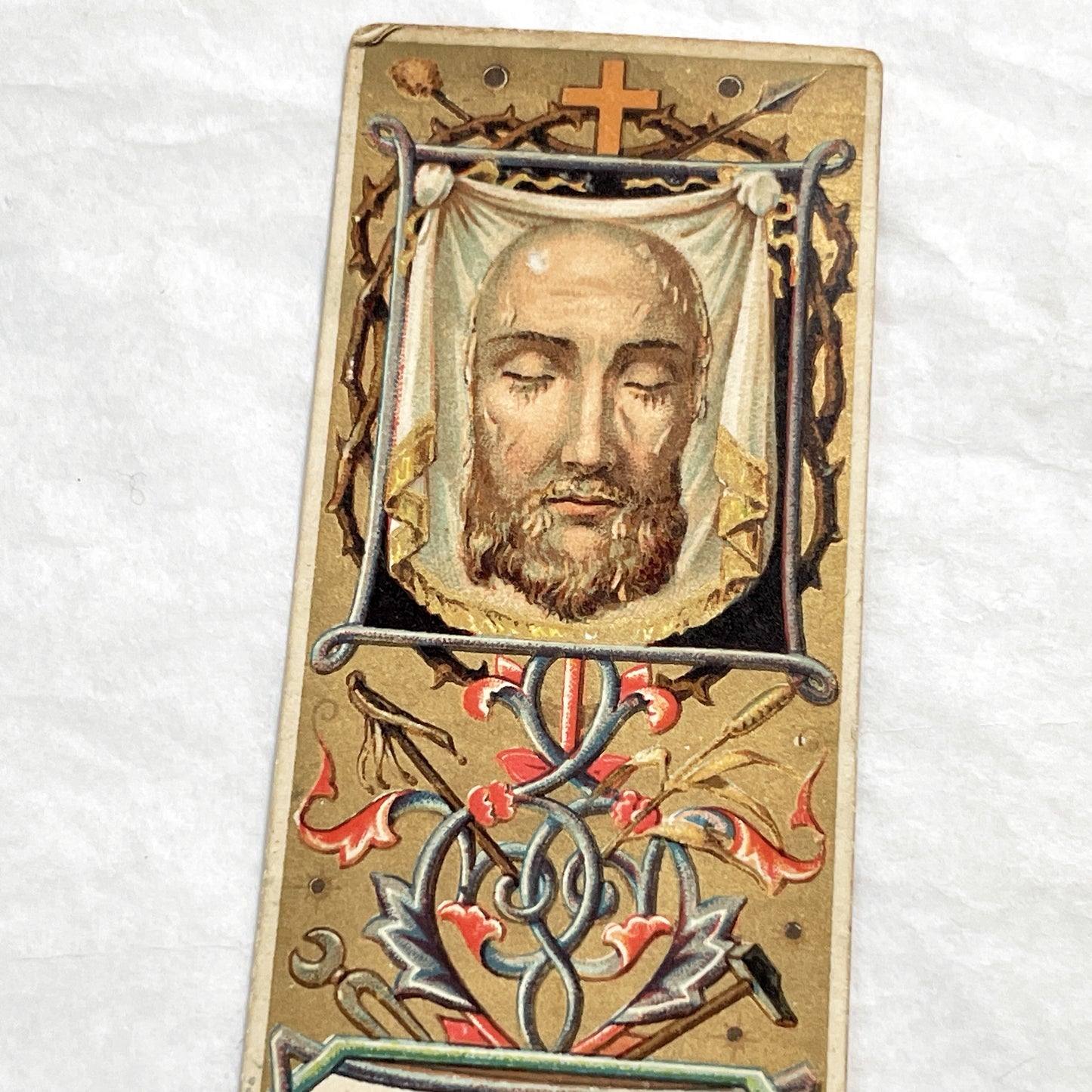 Late 19th - Antique Holy Face Prayer Card - Religious Bookmark with Latin Inscription - Devotional Art from Paris, France
