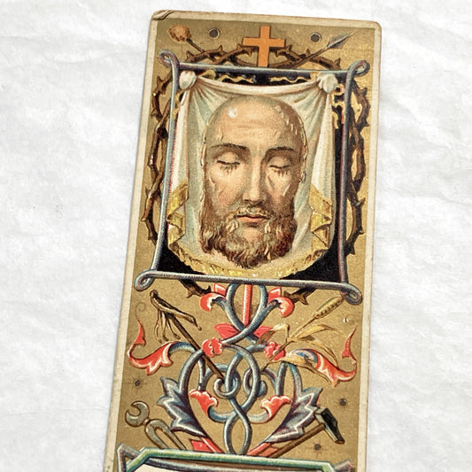 Late 19th - Antique Holy Face Prayer Card - Religious Bookmark with Latin Inscription - Devotional Art from Paris, France