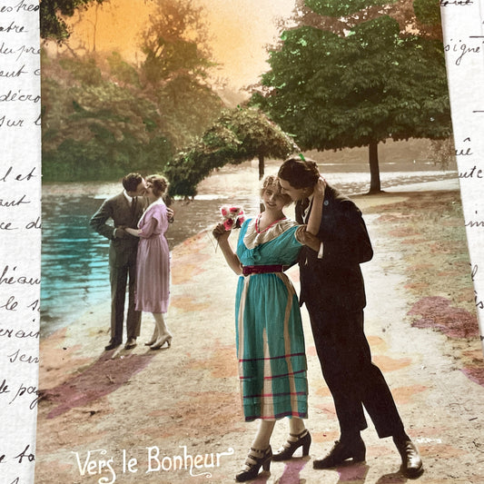 1920s - Romantic Postcard - Vintage Hand-Colored Lovers Scene - Belle Époque Era Couple - Lakeside Embrace - Sentimental Art