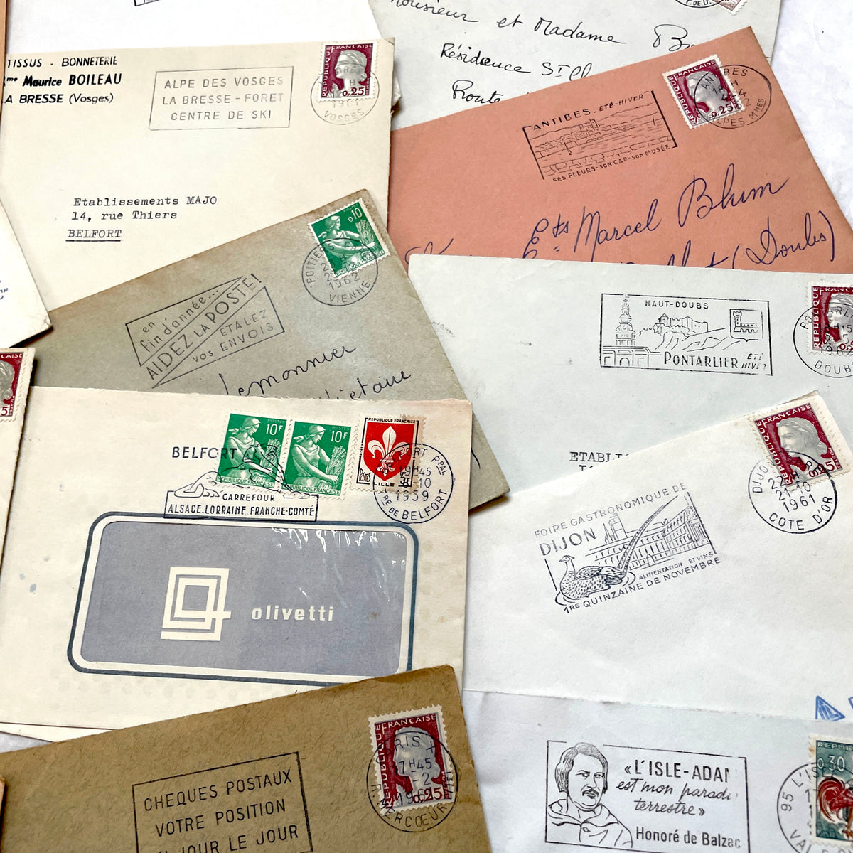 Vintage 1960s French envelopes lot featuring various stamps, postmarks, and handwritten addresses from across France.