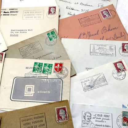 Vintage 1960s French envelopes lot featuring various stamps, postmarks, and handwritten addresses from across France.