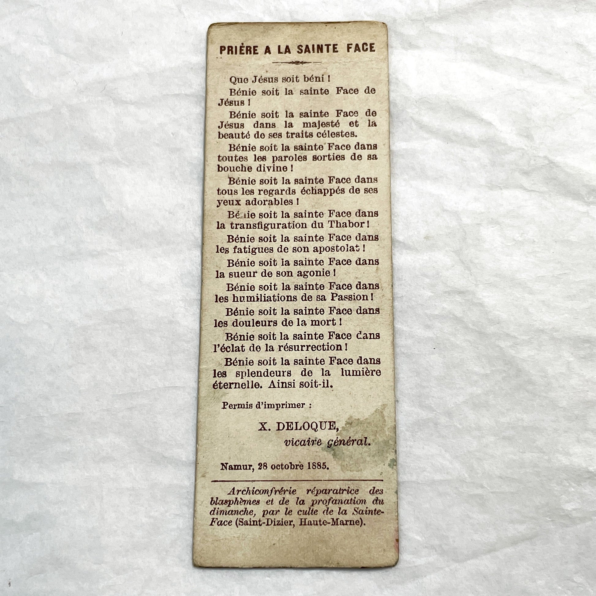 Late 19th - Antique Holy Face Prayer Card - Religious Bookmark with Latin Inscription - Devotional Art from Paris, France