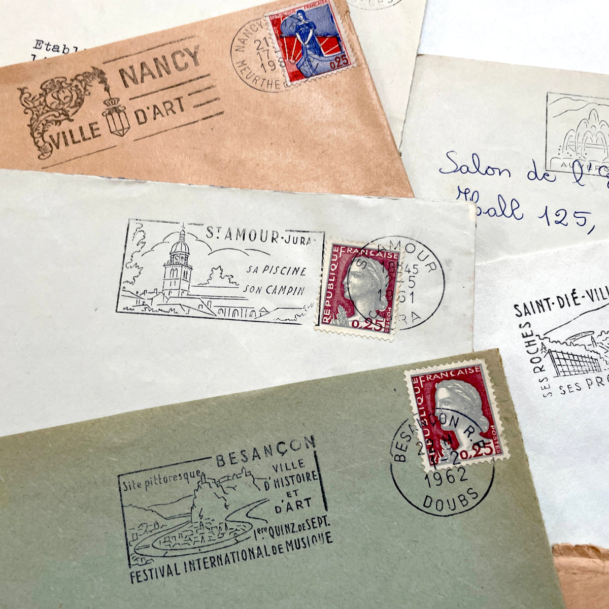 Vintage 1960s French envelopes lot featuring various stamps, postmarks, and handwritten addresses from across France.