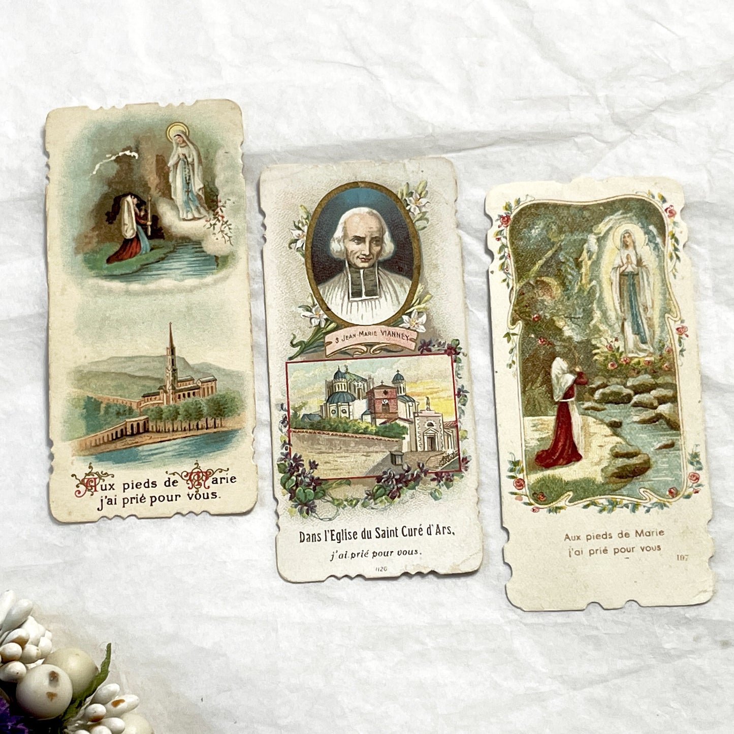 1900s - 3 Vintage French Religious Holy Cards - Saint Jean Marie Vianney Lourdes Shrine Prayer Images - Catholic Devotional Ephemera Set