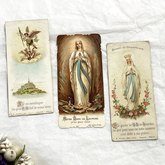 1900s - 3 Vintage French Holy Prayer Cards - Lourdes Apparition - Saint Michael - Catholic Devotional Ephemera