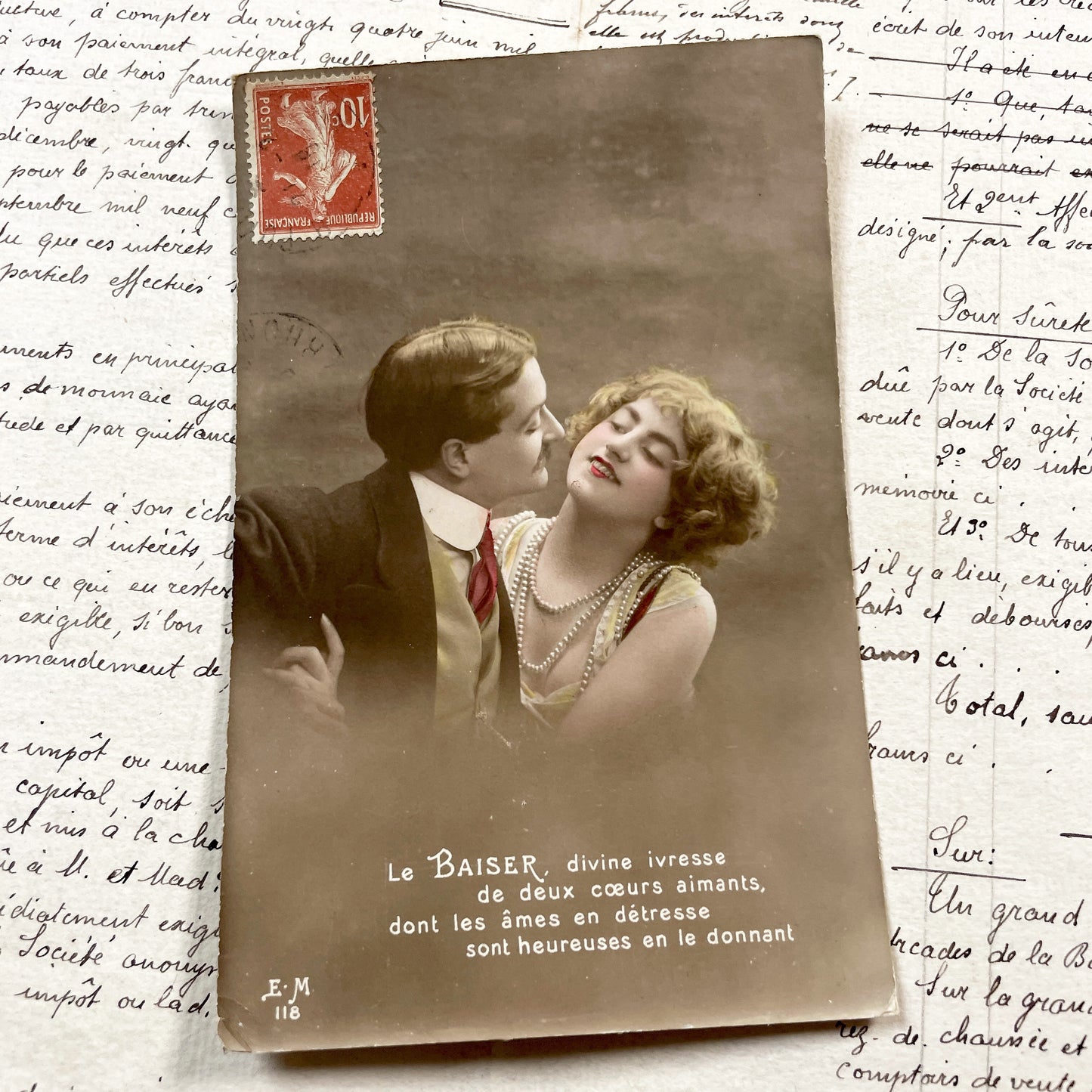 1910s - French Romantic Postcard - The Kiss - Hand Colored Love Scene - Belle Epoque Couple Sepia Tone Art - Sentimental Collectible Gift