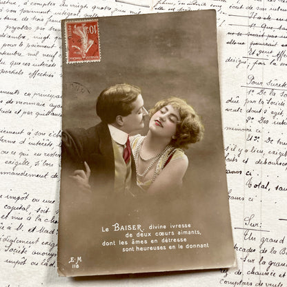 1910s - French Romantic Postcard - The Kiss - Hand Colored Love Scene - Belle Epoque Couple Sepia Tone Art - Sentimental Collectible Gift