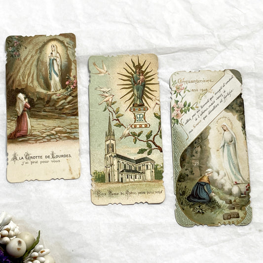 1900s - 3 Vintage French Religious Holy Cards Lourdes Apparitions - Our Lady of Oak Devotional Prayer Chromos - Antique Ephemera Set