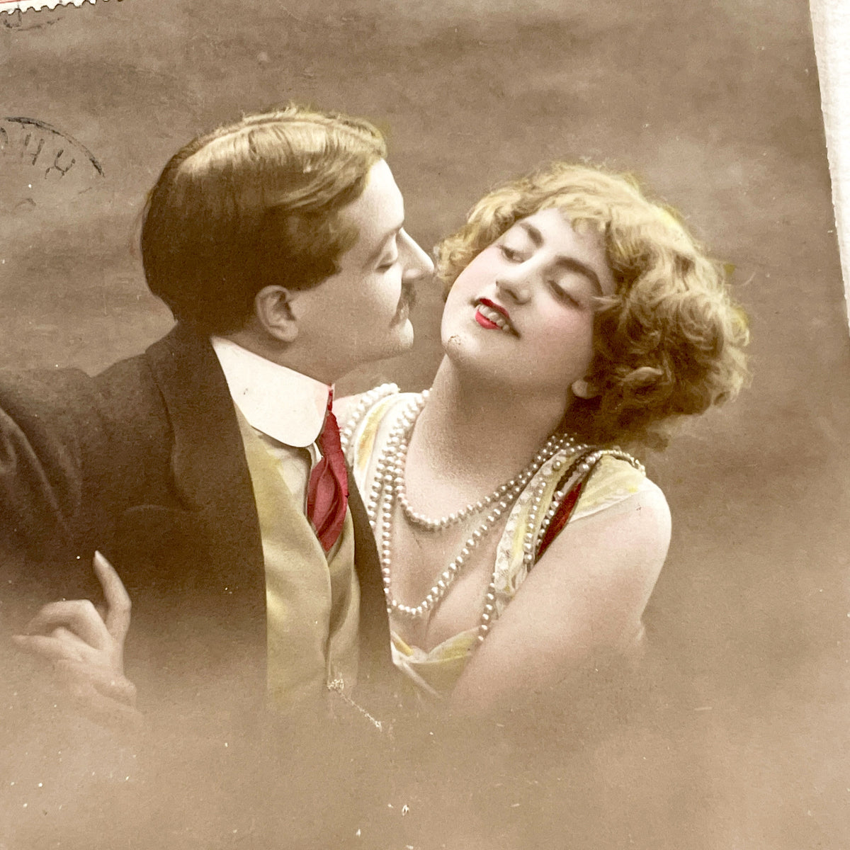 1910s - French Romantic Postcard - The Kiss - Hand Colored Love Scene - Belle Epoque Couple Sepia Tone Art - Sentimental Collectible Gift