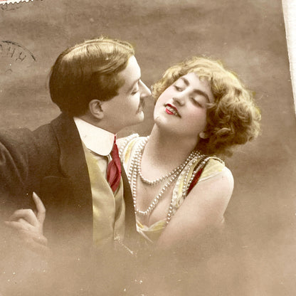 1910s - French Romantic Postcard - The Kiss - Hand Colored Love Scene - Belle Epoque Couple Sepia Tone Art - Sentimental Collectible Gift