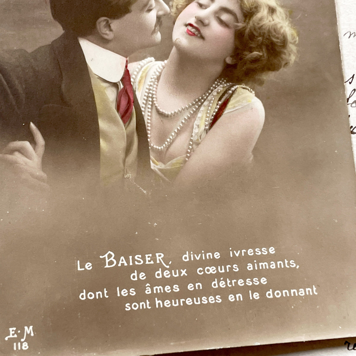 1910s - French Romantic Postcard - The Kiss - Hand Colored Love Scene - Belle Epoque Couple Sepia Tone Art - Sentimental Collectible Gift