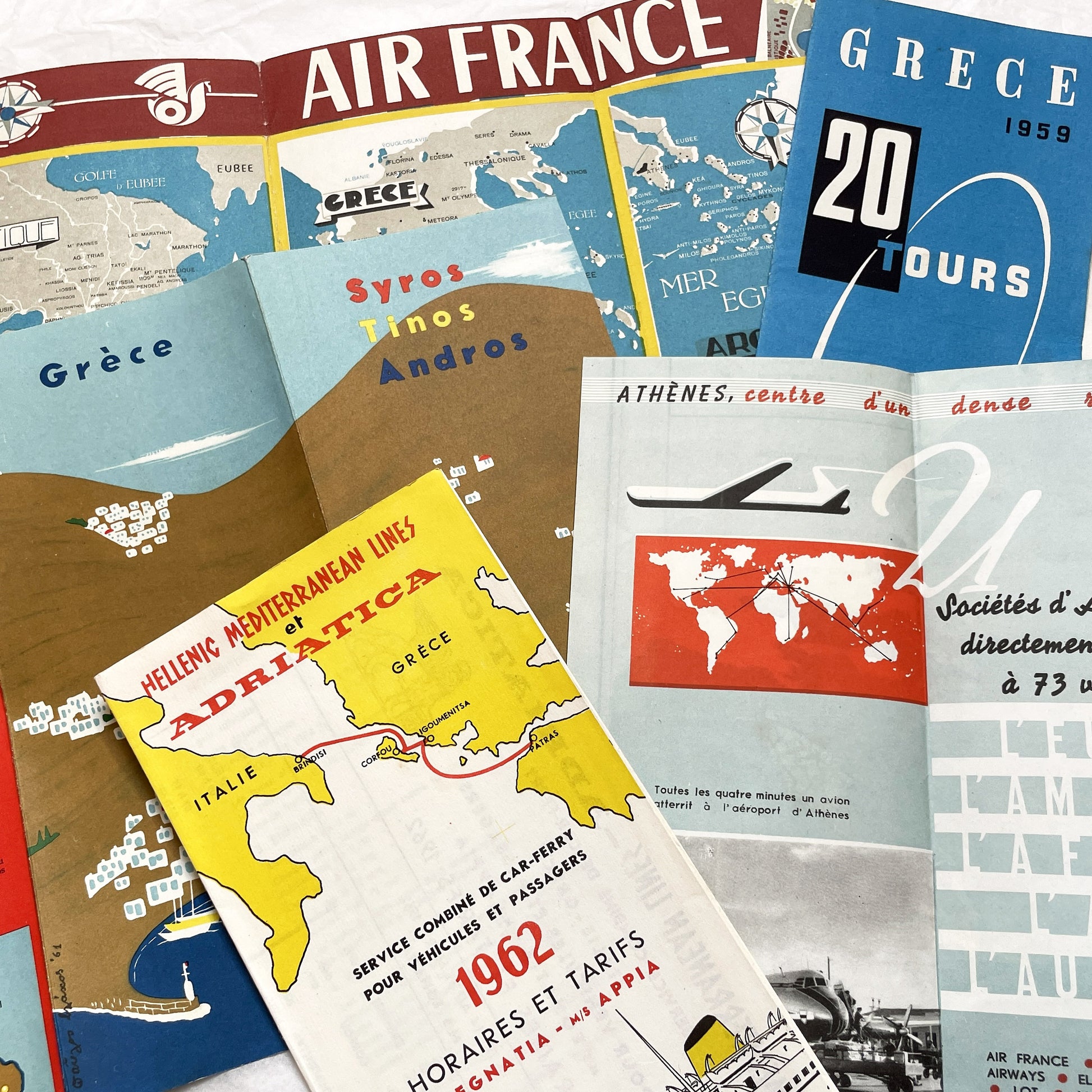 1960s - Vintage Greece Travel Brochures - Air France - Hellenic Mediterranean Lines - Athens Map - Mid Century Tourism Ephemera