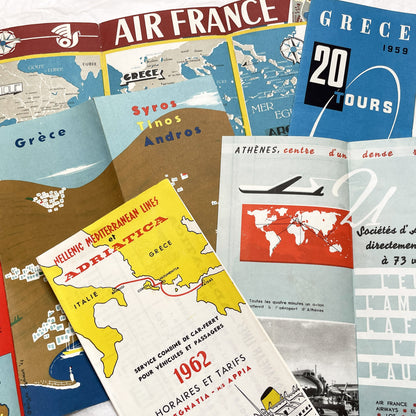 1960s - Vintage Greece Travel Brochures - Air France - Hellenic Mediterranean Lines - Athens Map - Mid Century Tourism Ephemera