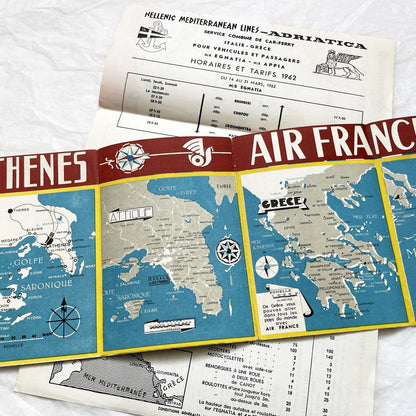 1960s - Vintage Greece Travel Brochures - Air France - Hellenic Mediterranean Lines - Athens Map - Mid Century Tourism Ephemera