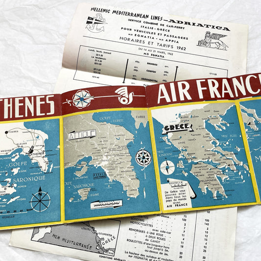 1960s - Vintage Greece Travel Brochures - Air France - Hellenic Mediterranean Lines - Athens Map - Mid Century Tourism Ephemera