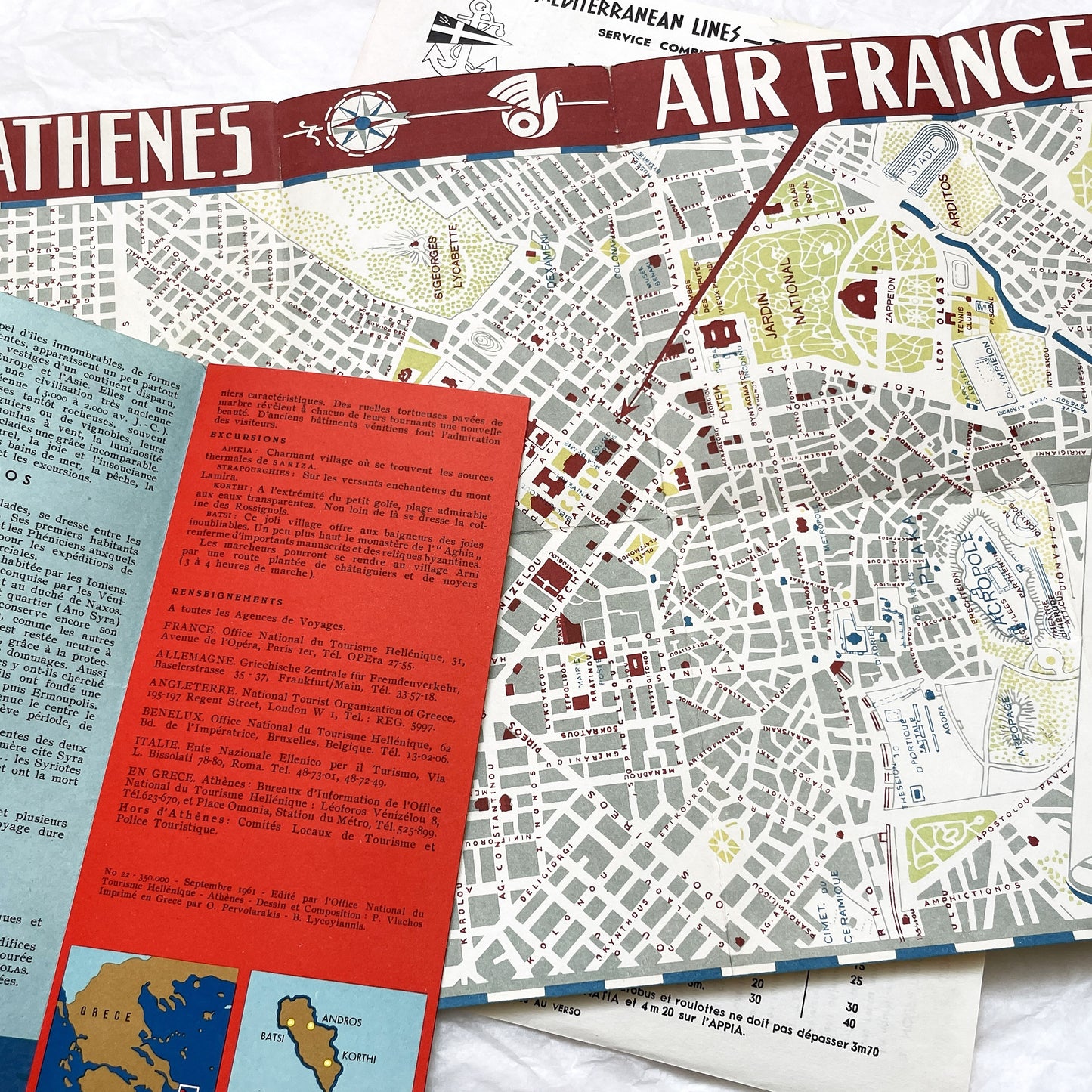 1960s - Vintage Greece Travel Brochures - Air France - Hellenic Mediterranean Lines - Athens Map - Mid Century Tourism Ephemera
