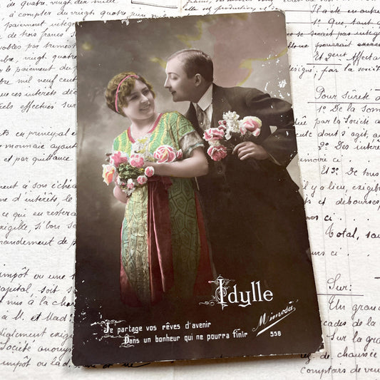 1910s - French Idylle Postcard - Hand-Colored Photo - Sweet Couple with Flowers - Vintage Romance Ephemera Art Nouveau Style Collectible