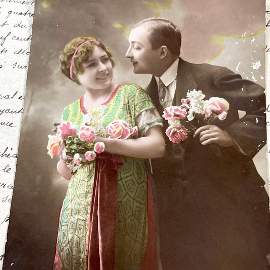 1910s - French Idylle Postcard - Hand-Colored Photo - Sweet Couple with Flowers - Vintage Romance Ephemera Art Nouveau Style Collectible