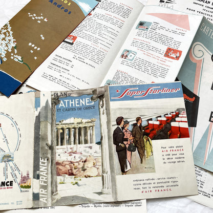 1960s - Vintage Greece Travel Brochures - Air France - Hellenic Mediterranean Lines - Athens Map - Mid Century Tourism Ephemera