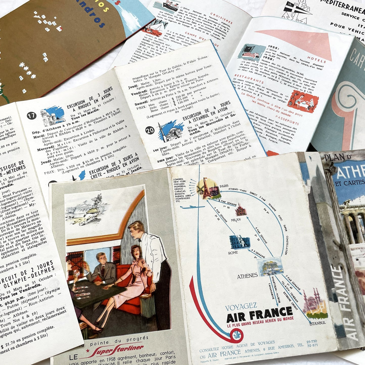 1960s - Vintage Greece Travel Brochures - Air France - Hellenic Mediterranean Lines - Athens Map - Mid Century Tourism Ephemera