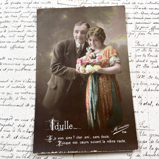 1910s - Vintage French Idylle Postcard - Sepia Photo Hand-Colored Young Couple - Romantic Quote Mimosa Publisher - Antique Love Ephemera