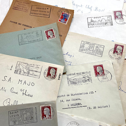 A lot of 20 French envelopes from the 1960s, featuring various postmarks, stamps, and handwritten addresses.
