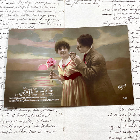 1910s - Romantic Hand-Colored Postcard - Edwardian Era Lovers Scene - Vintage French Moonlight Greeting Card - Ephemera Collectible