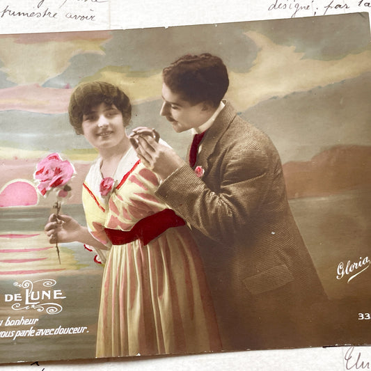 1910s - Romantic Hand-Colored Postcard - Edwardian Era Lovers Scene - Vintage French Moonlight Greeting Card - Ephemera Collectible