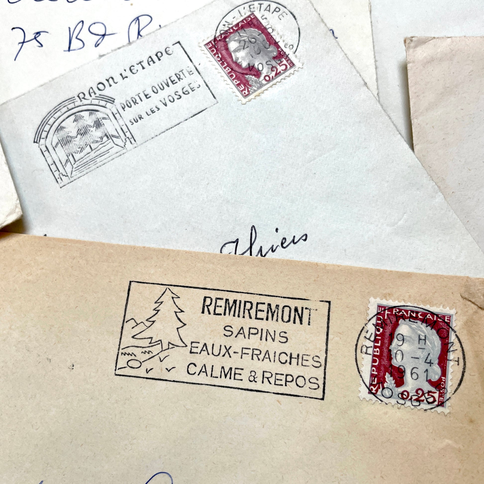A lot of 20 French envelopes from the 1960s, featuring various postmarks, stamps, and handwritten addresses.