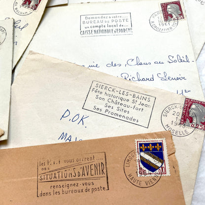 A lot of 20 French envelopes from the 1960s, featuring various postmarks, stamps, and handwritten addresses.