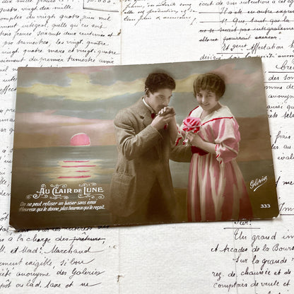 1910s - Romantic Hand-Tinted Postcard - Edwardian Couple - Love Scene - 'Au Clair de Lune' - Vintage French Art - Antique Collectible