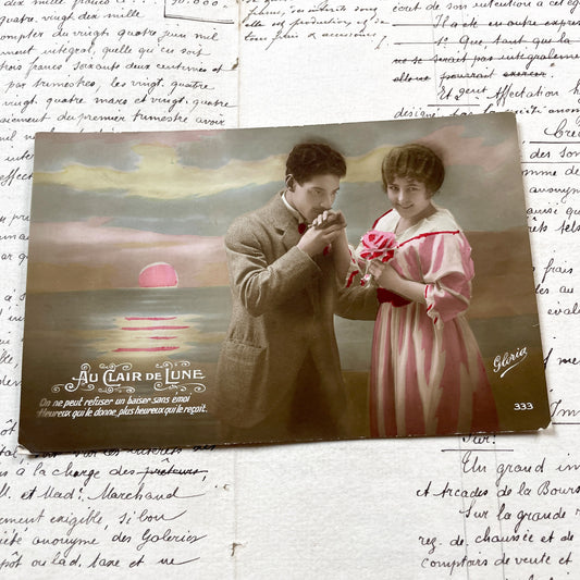 1910s - Romantic Hand-Tinted Postcard - Edwardian Couple - Love Scene - 'Au Clair de Lune' - Vintage French Art - Antique Collectible