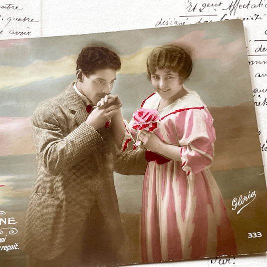 1910s - Romantic Hand-Tinted Postcard - Edwardian Couple - Love Scene - 'Au Clair de Lune' - Vintage French Art - Antique Collectible