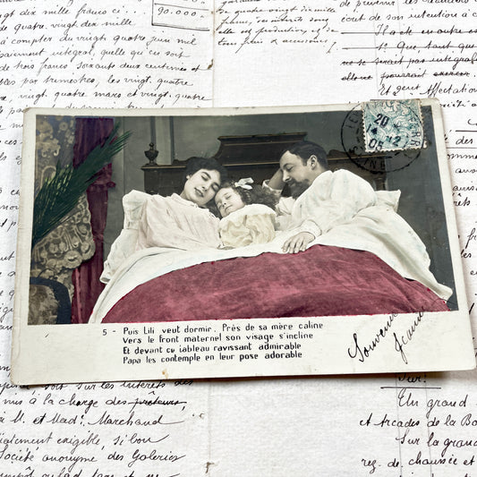 1900s - Vintage Real Photo Postcard - Intimate Family Portrait - Mother Father Child in Bed - Hand-Colored Sweet Childhood