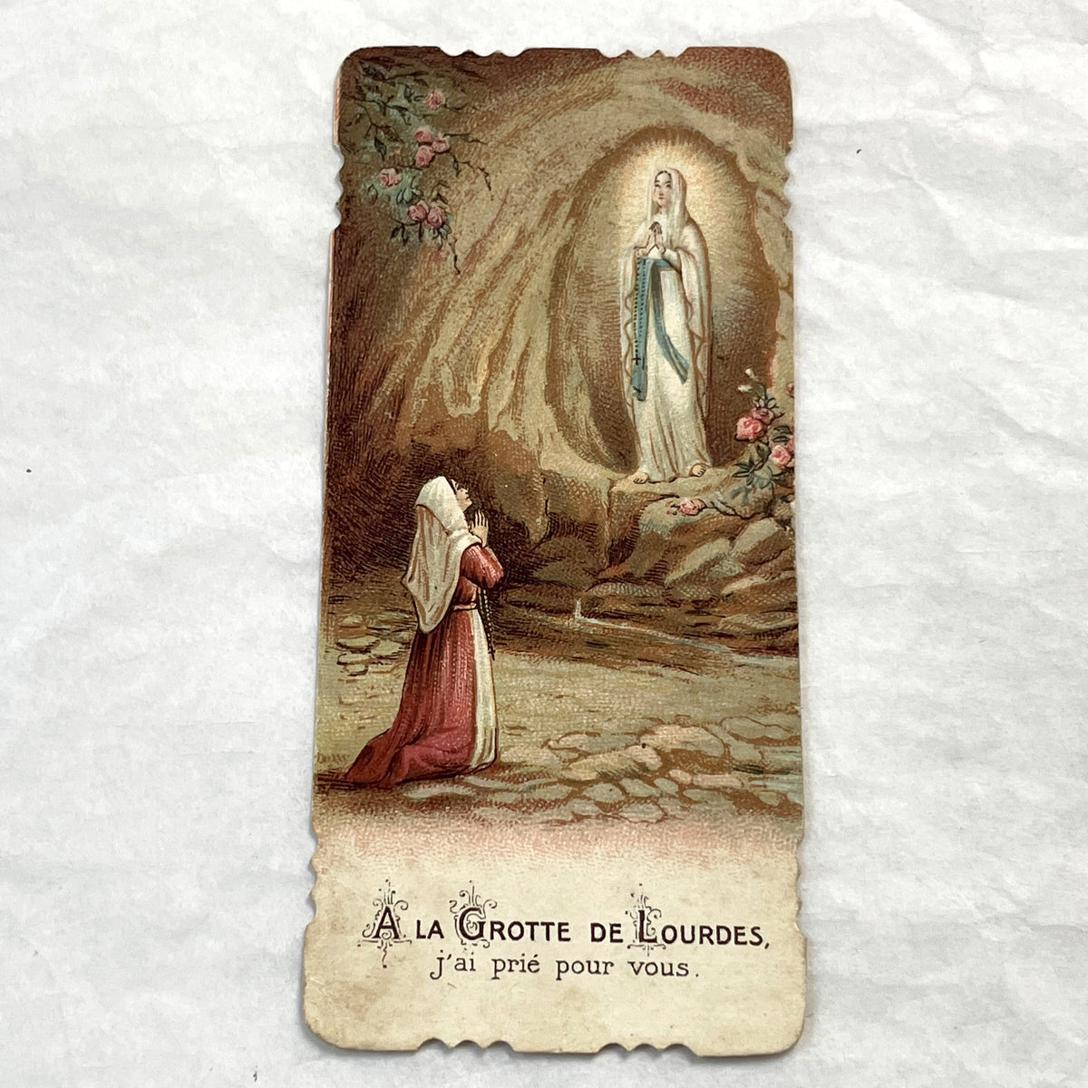 1900s - 3 Vintage French Catholic Holy Cards - Lourdes Apparitions, Prayer - Virgin Mary Devotion - Collectible Ephemera for Scrapbooking.