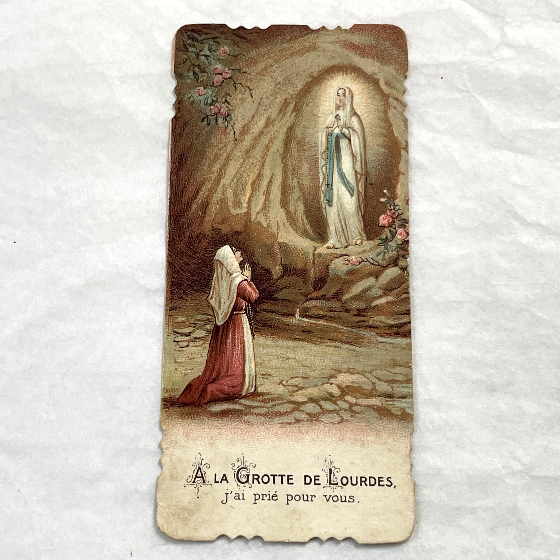 1900s - 3 Vintage French Catholic Holy Cards - Lourdes Apparitions, Prayer - Virgin Mary Devotion - Collectible Ephemera for Scrapbooking.