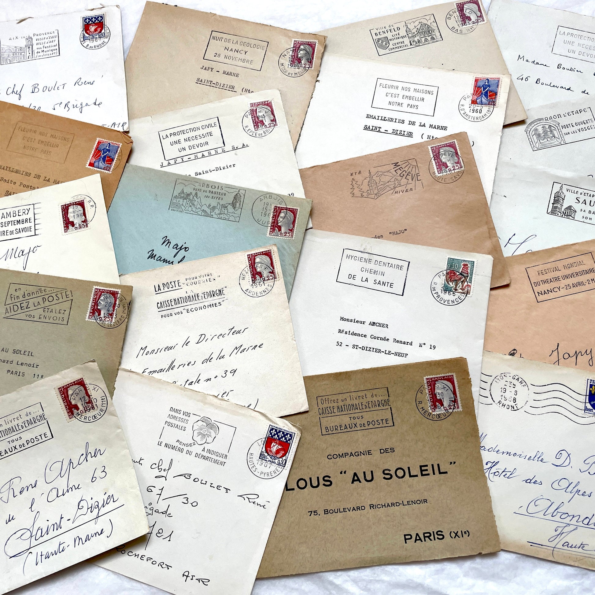Lot of 20 vintage French envelopes from the 1960s, featuring various stamps, postmarks, and handwritten addresses.