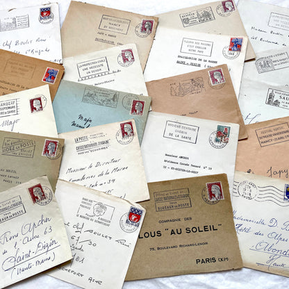 Lot of 20 vintage French envelopes from the 1960s, featuring various stamps, postmarks, and handwritten addresses.