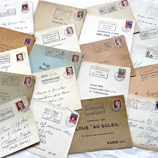 Lot of 20 vintage French envelopes from the 1960s, featuring various stamps, postmarks, and handwritten addresses.